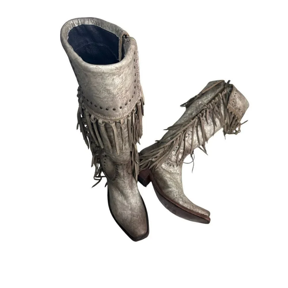 Liberty Black Women's Maritsa Fringe Zipper Knee High Boots Silver Gray Sz 9